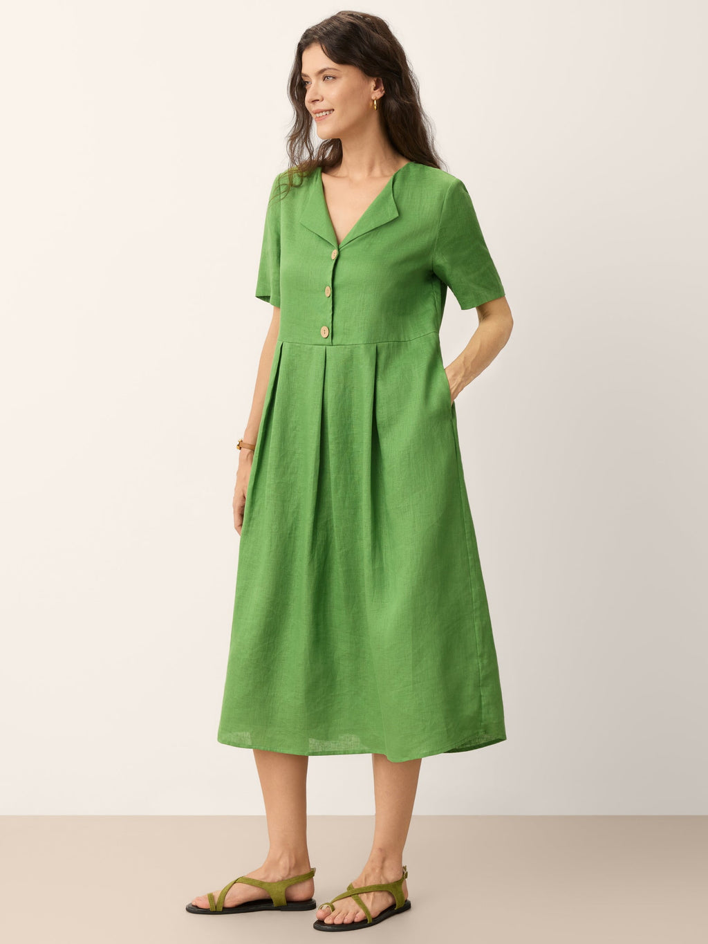 100% Linen Split Neck Button Detail Midi Dress SERAPHINE - PhishStones Products