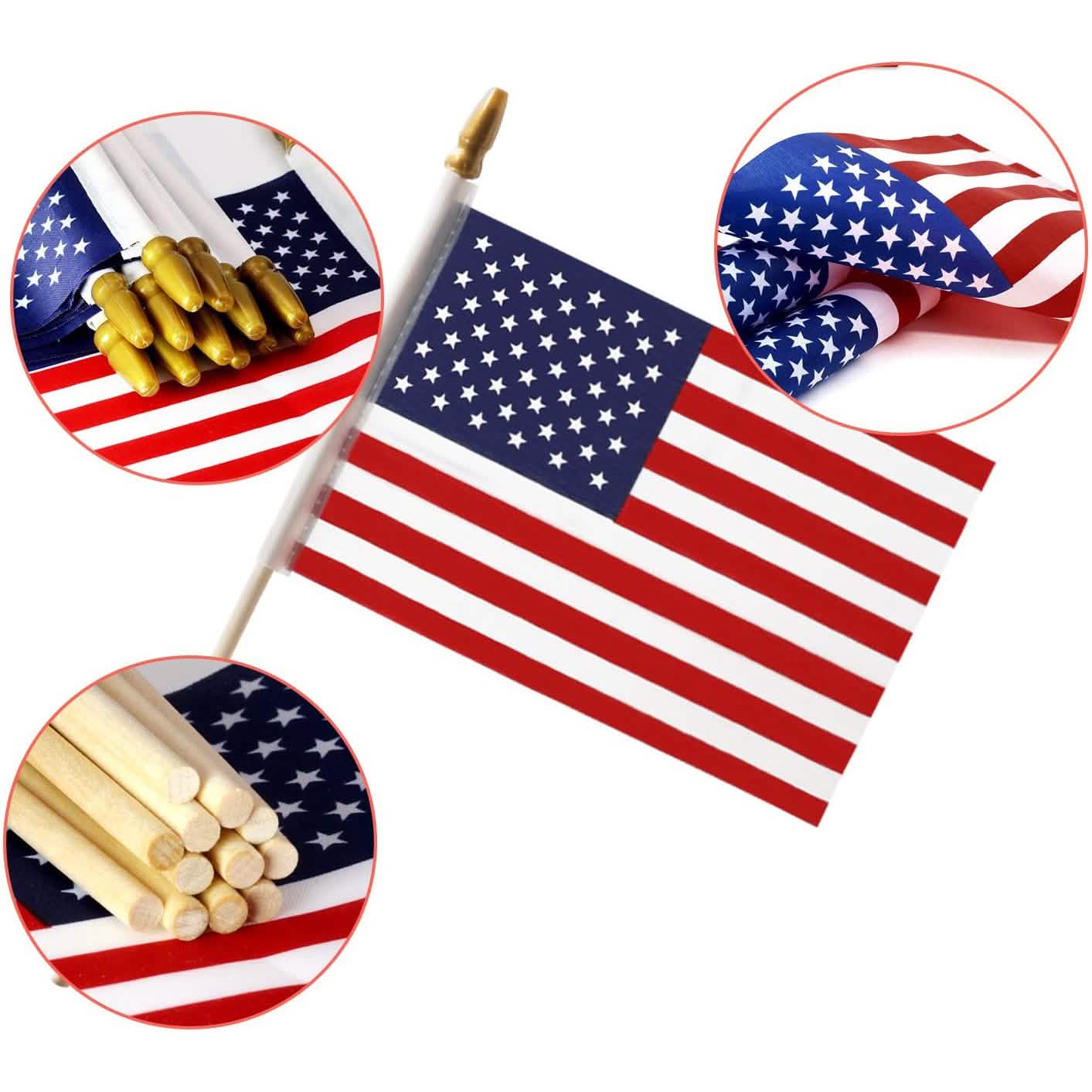 100 - Pack: USA 4x6 in Wooden Stick Flag - PhishStones Products