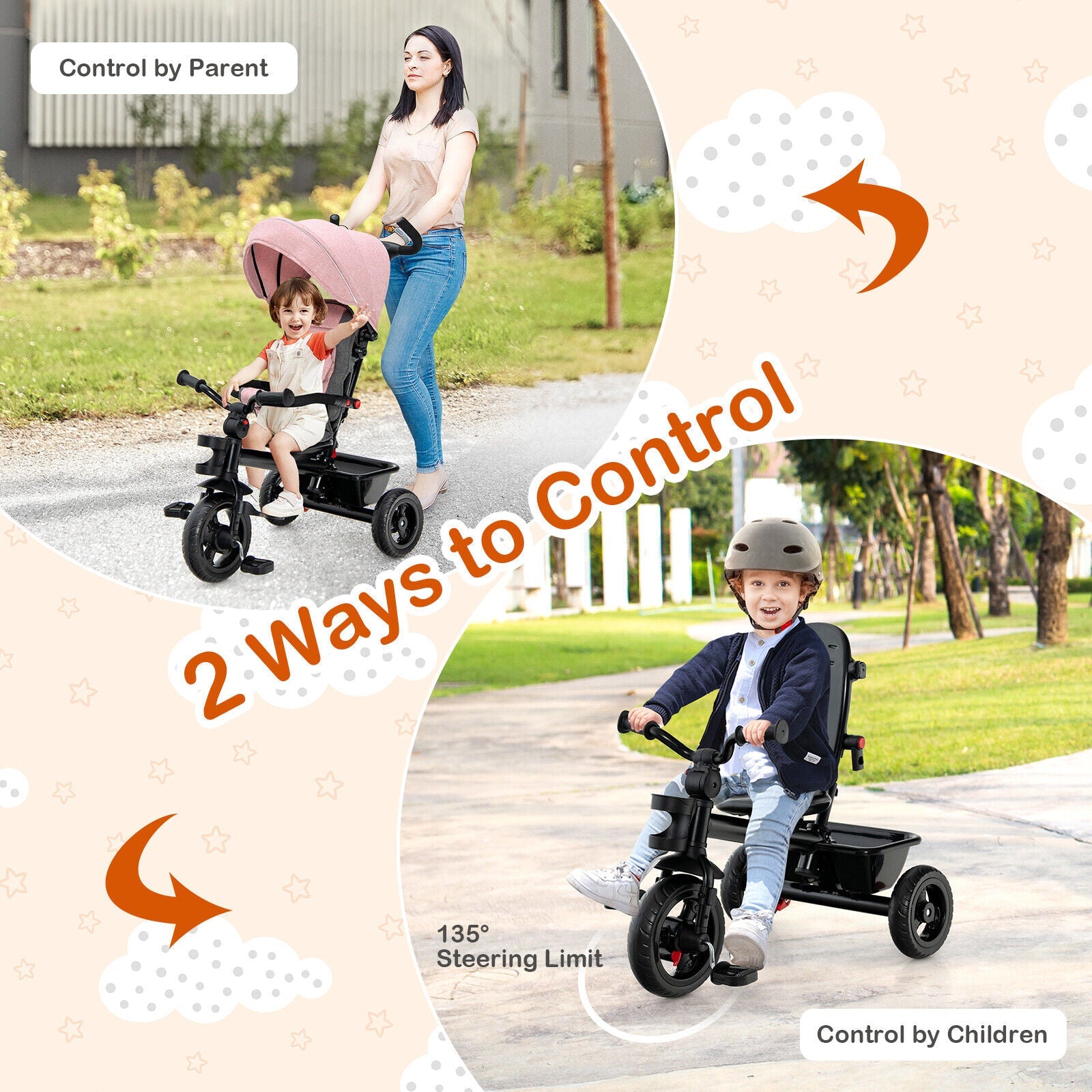 4-in-1 Baby Tricycle Toddler Trike with Convertible Seat-Pink