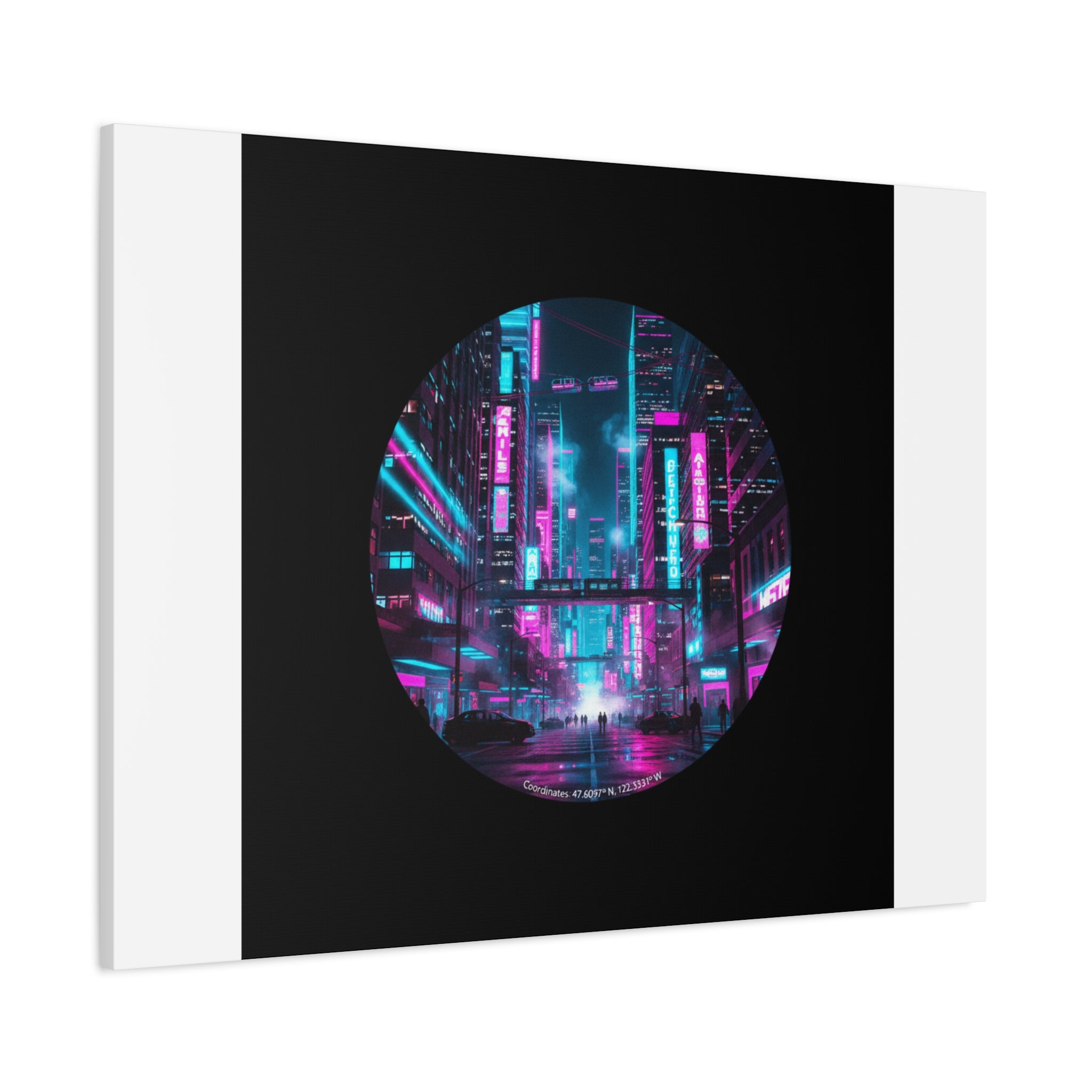 Neon Cyberpunk Cityscape Canvas | synthwave skyline, future city art
