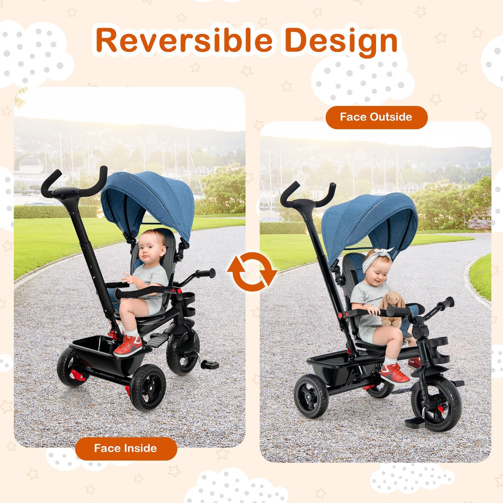4-in-1 Baby Tricycle Toddler Trike with Convertible Seat-Blue