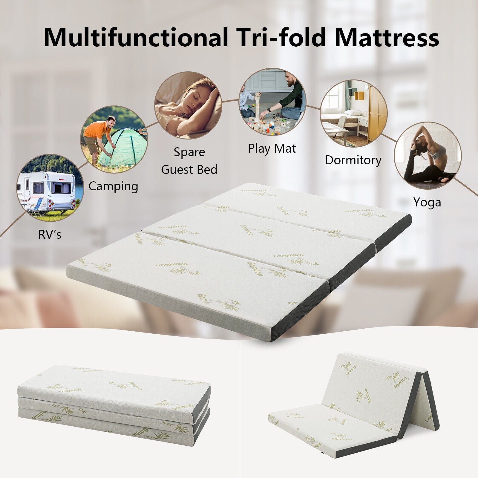 Portable Tri-fold Memory Foam Floor Mattress Topper Portable with Carrying Bag