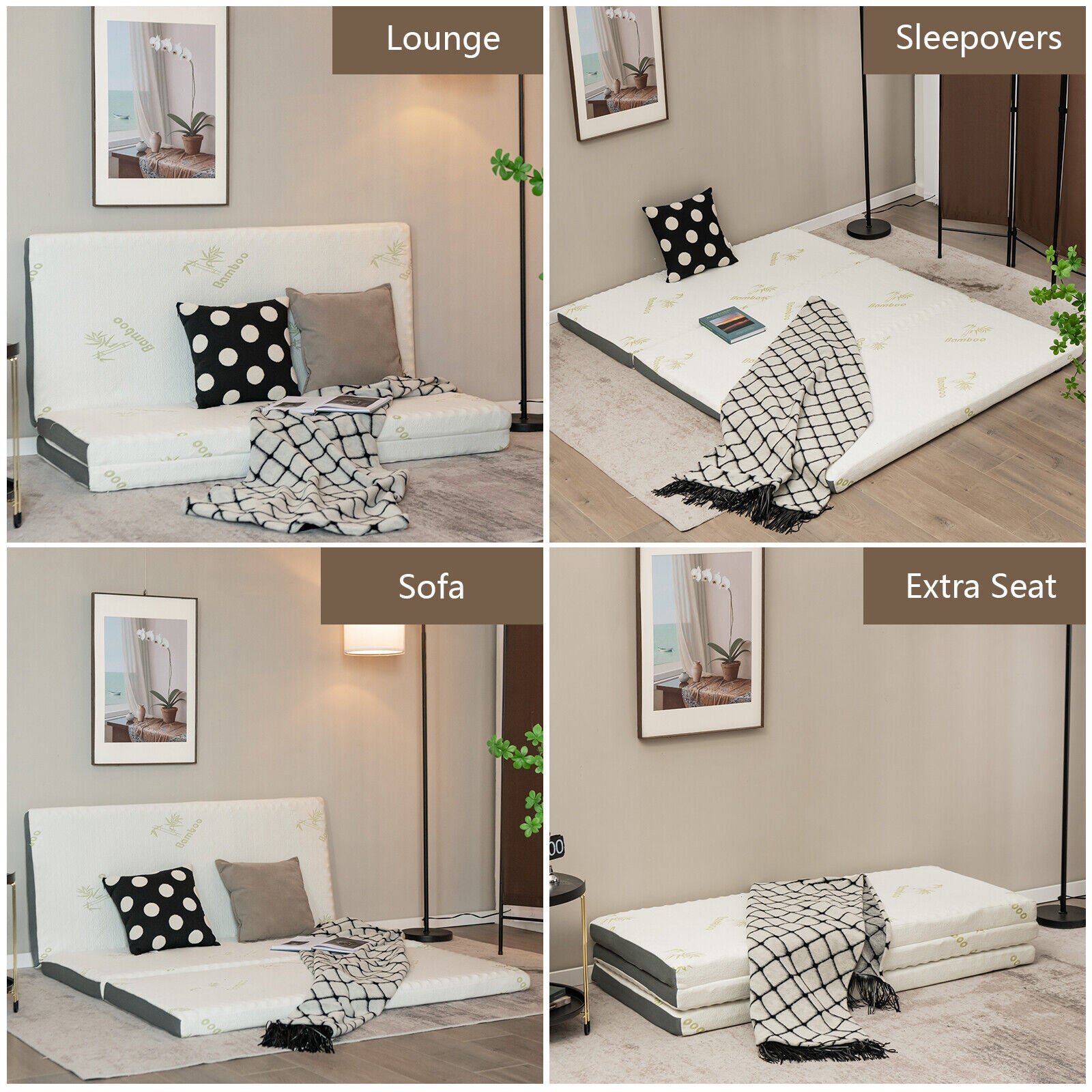 Portable Tri-fold Memory Foam Floor Mattress Topper Portable with Carrying Bag