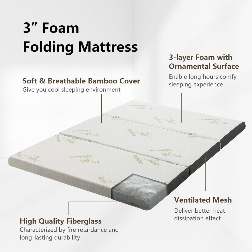 Portable Tri-fold Memory Foam Floor Mattress Topper Portable with Carrying Bag