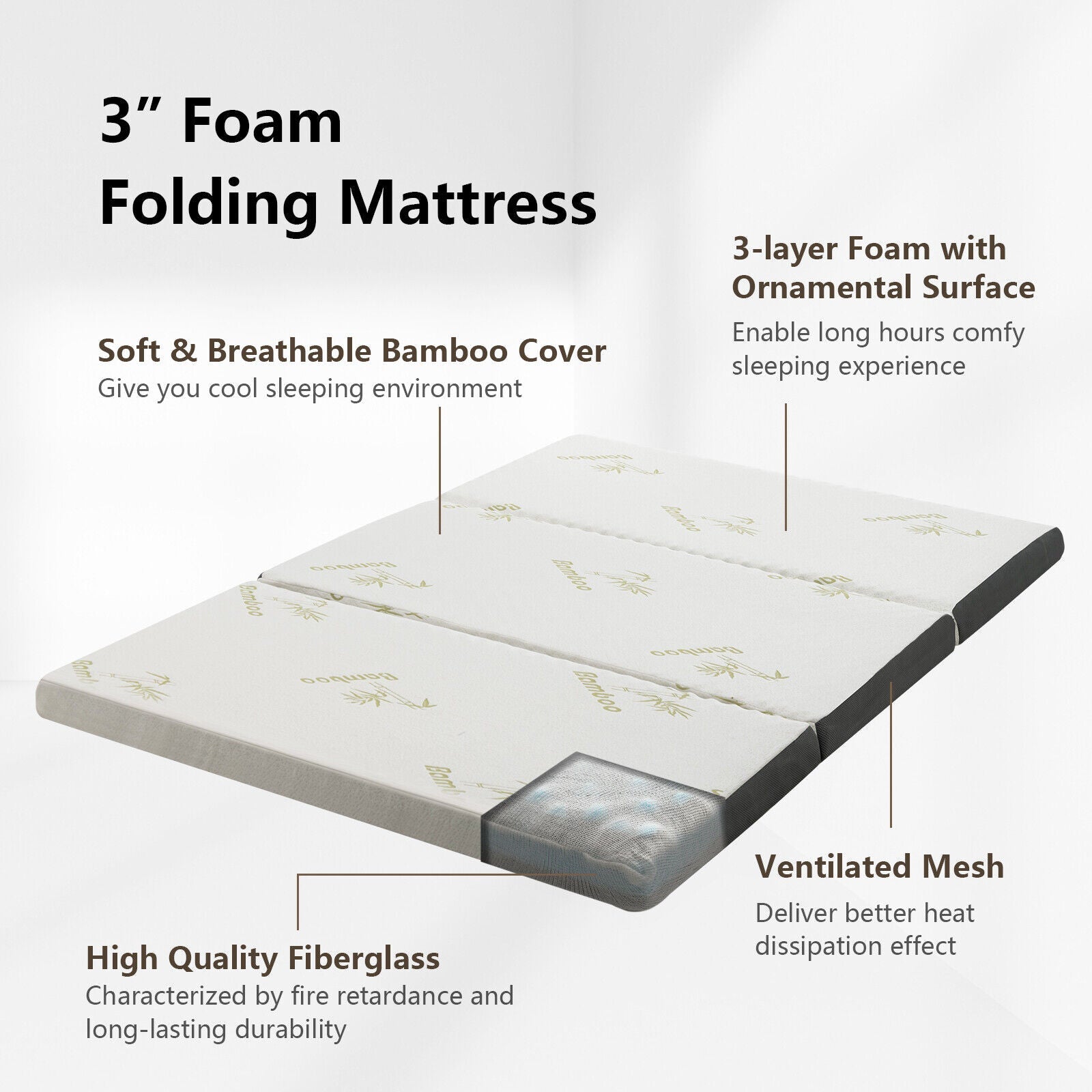 Portable Tri-fold Memory Foam Floor Mattress Topper Portable with Carrying Bag