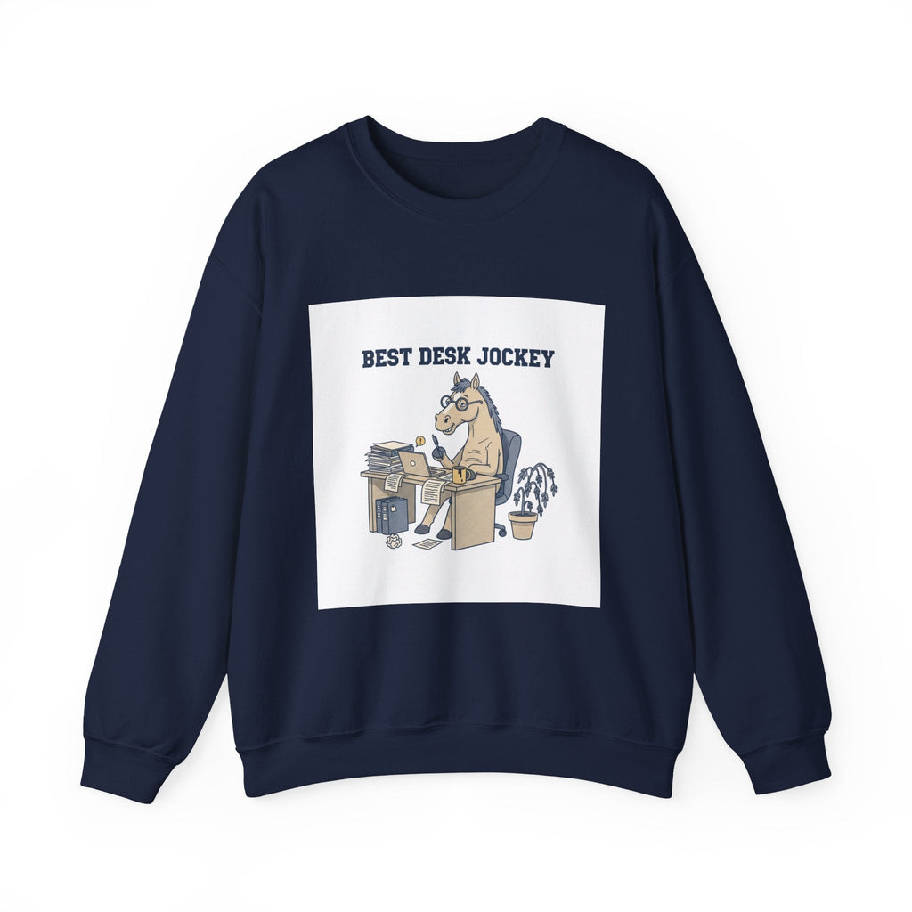 Workhorse Desk Jockey Sweatshirt | corporate burnout parody, collegiate horse design