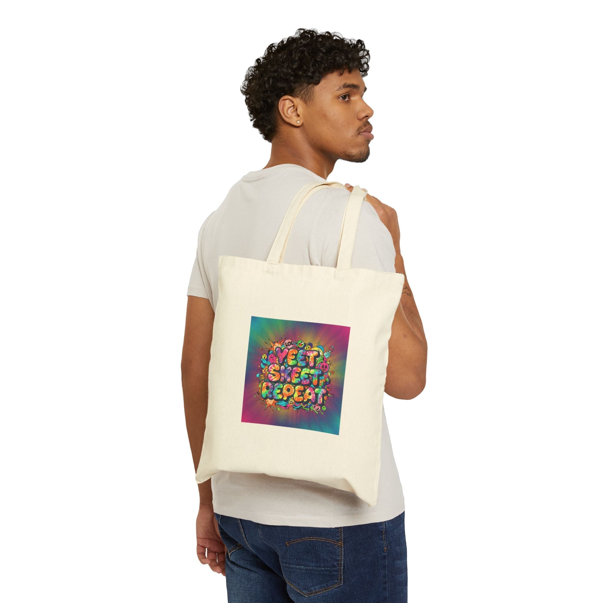 Yeet Sleep Repeat Tote | Slogan & Glitch Graphic, Meme Phrase Canvas