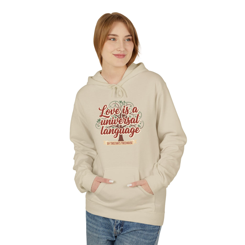 Hoodie — “Love is a Universal Language” Cozy Retro Cabin Graphic Hoodie