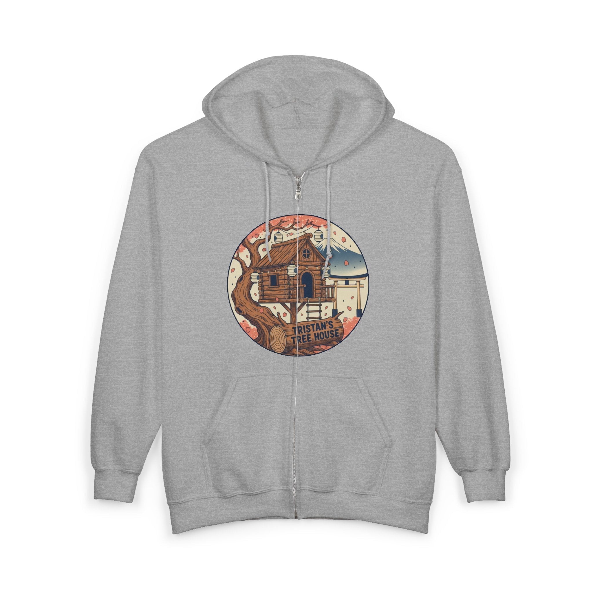 Cabin Vibes Zip Hoodie —Tristan’s Treehouse  Rustic Lakeside Circle Illustration