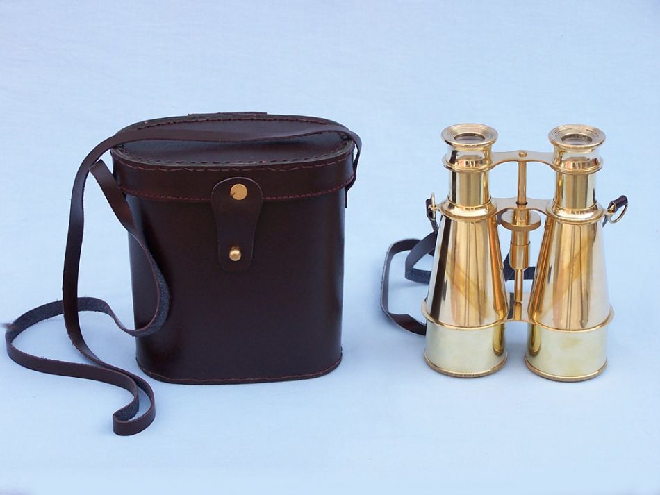 Captain's Solid Brass Binoculars with Leather Case 6""