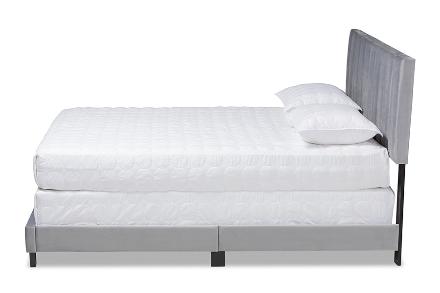 Baxton Studio Clare Glam and Luxe Grey Velvet Fabric Upholstered Full Size Panel Bed with Channel Tufted Headboard
