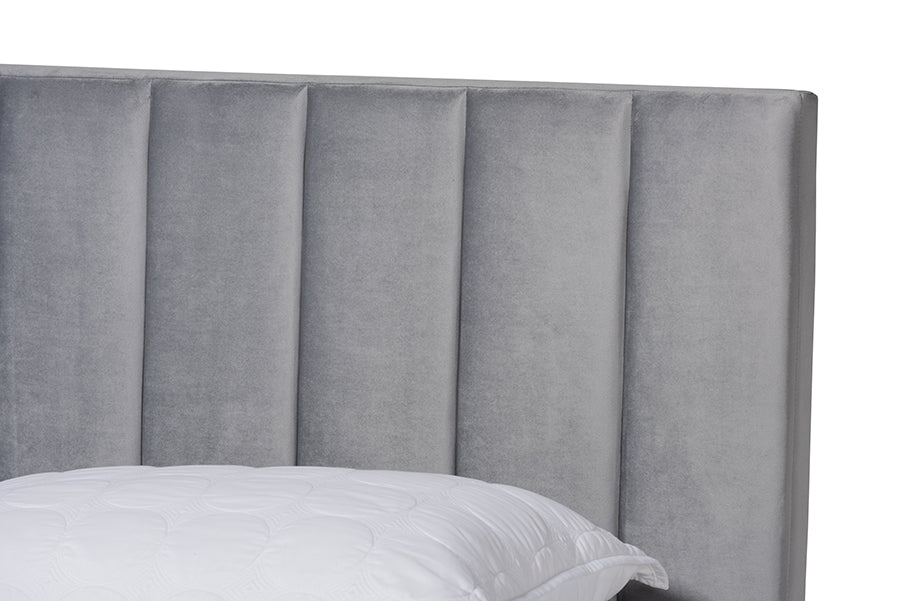 Baxton Studio Clare Glam and Luxe Grey Velvet Fabric Upholstered King Size Panel Bed with Channel Tufted Headboard