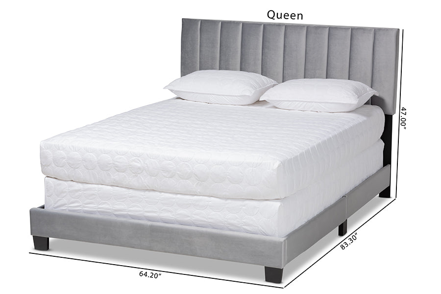 Baxton Studio Clare Glam and Luxe Grey Velvet Fabric Upholstered King Size Panel Bed with Channel Tufted Headboard