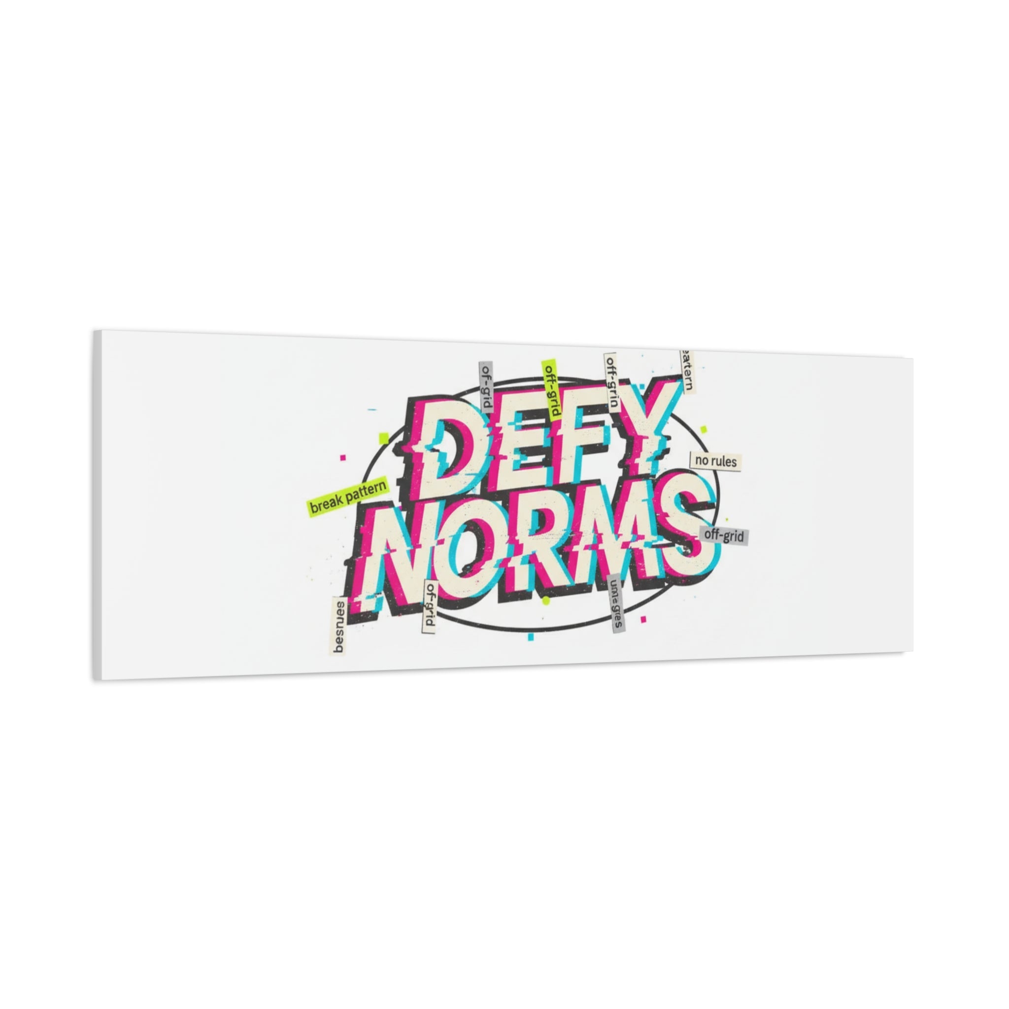 Defy Norms Canvas, Anti-Aesthetic Glitch Typography, Brutalist Poster Style