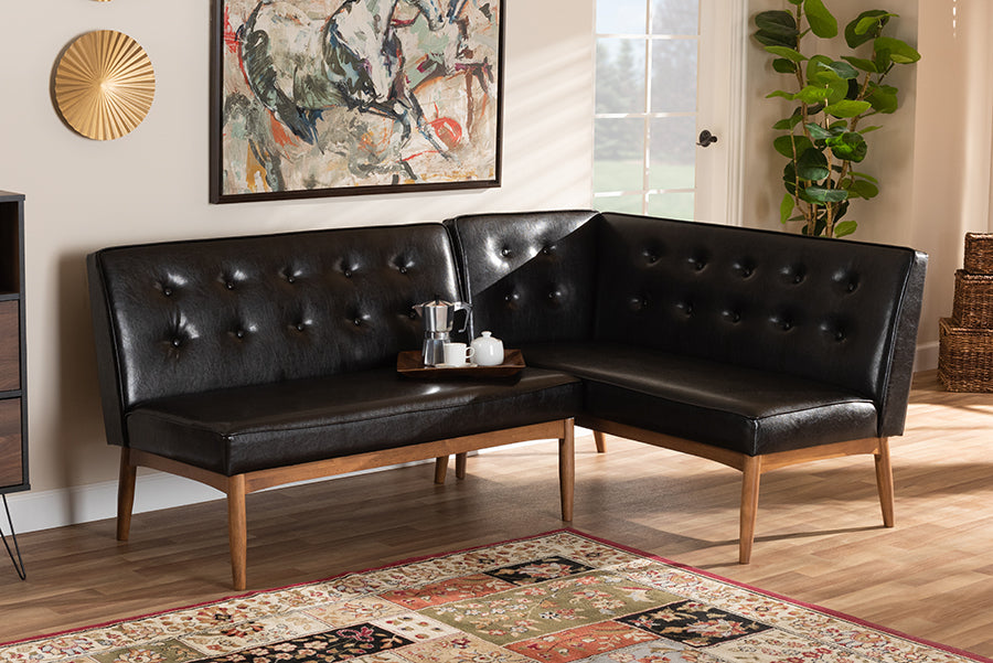 Baxton Studio Arvid Mid-Century Modern Dark Brown Faux Leather Upholstered 2-Piece Wood Dining Nook Banquette Set