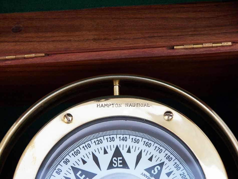 Antique Brass Gimbal Compass w/ Rosewood Box 9""