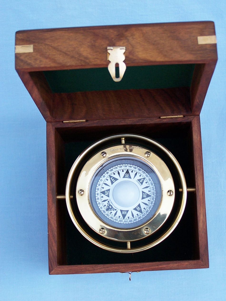 Solid Brass Gimble Compass w/ Rosewood Box 6""