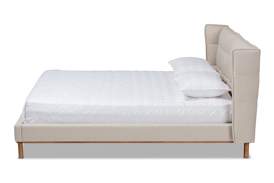 Baxton Studio Gretchen Modern and Contemporary Light Beige Fabric Upholstered and Walnut Brown Finished Wood Queen Size Platform Wingback Bed