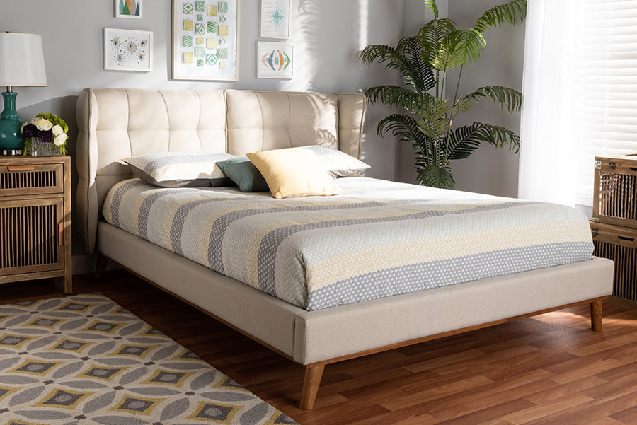 Baxton Studio Gretchen Modern and Contemporary Light Beige Fabric Upholstered and Walnut Brown Finished Wood King Size Platform Wingback Bed