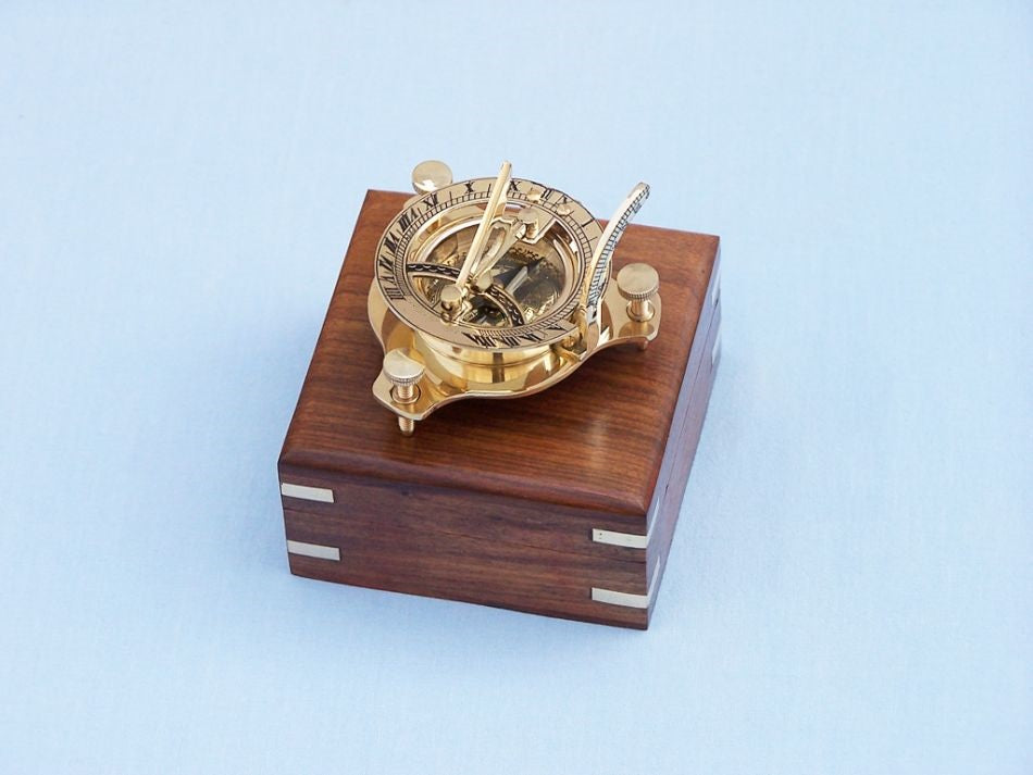 Solid Brass Captain's Triangle Sundial Compass w/ Rosewood Box 3""