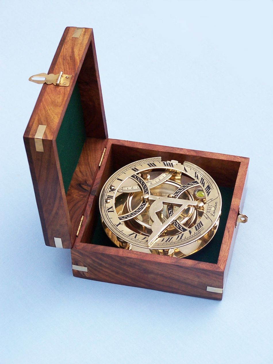 Solid Brass Round Sundial Compass w/ Rosewood Box 6""