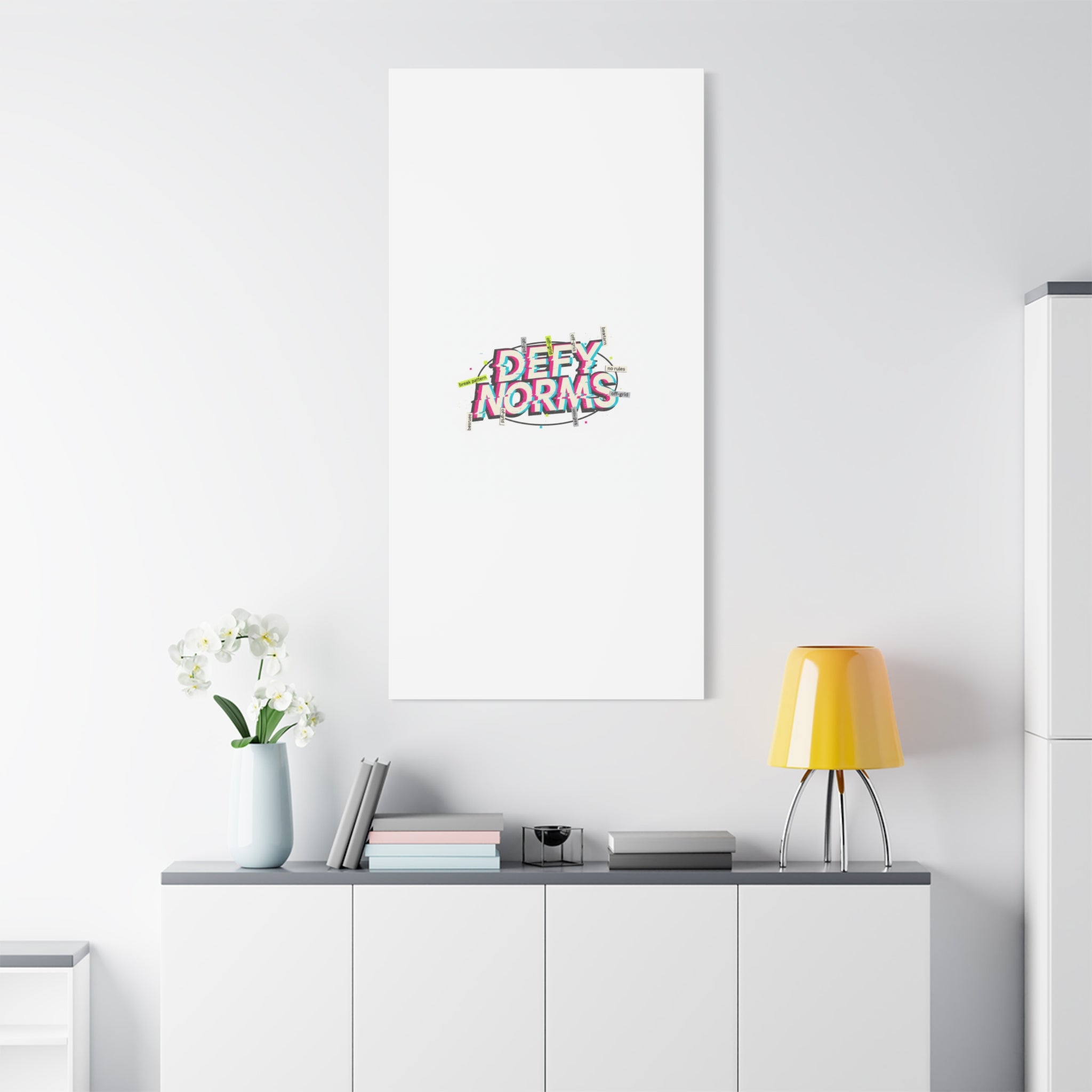 Defy Norms Canvas, Anti-Aesthetic Glitch Typography, Brutalist Poster Style