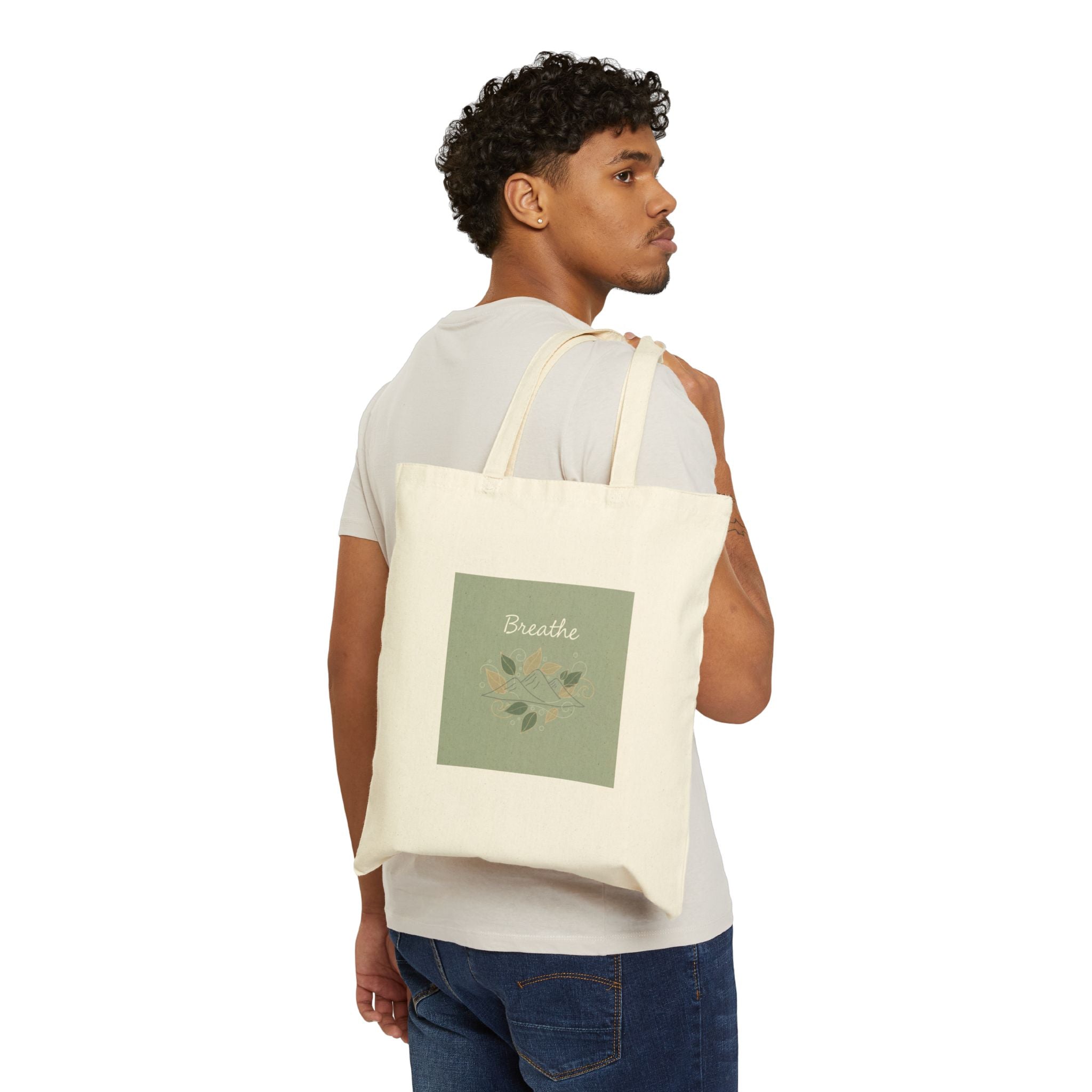 Breathe Green Square Tote | Nature Symbols, Minimal Forest Vibes