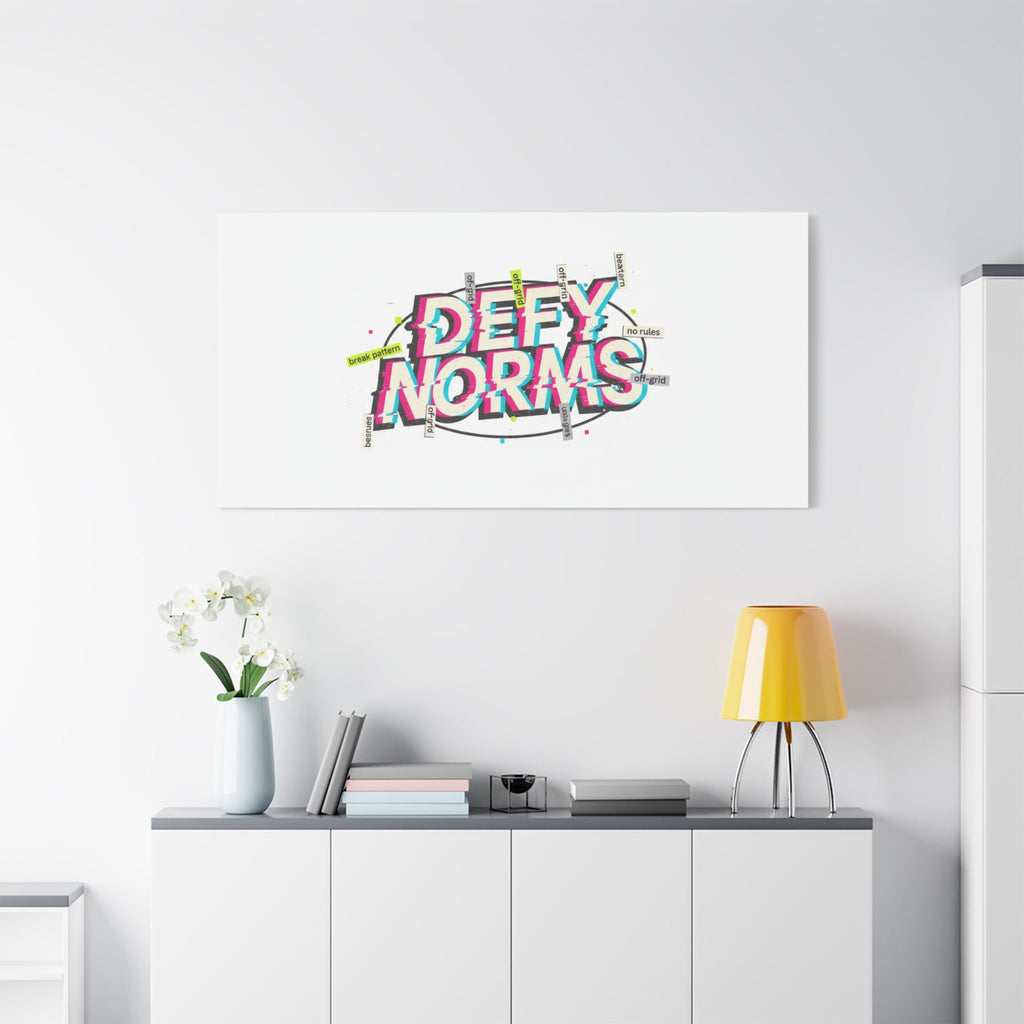 Defy Norms Canvas, Anti-Aesthetic Glitch Typography, Brutalist Poster Style
