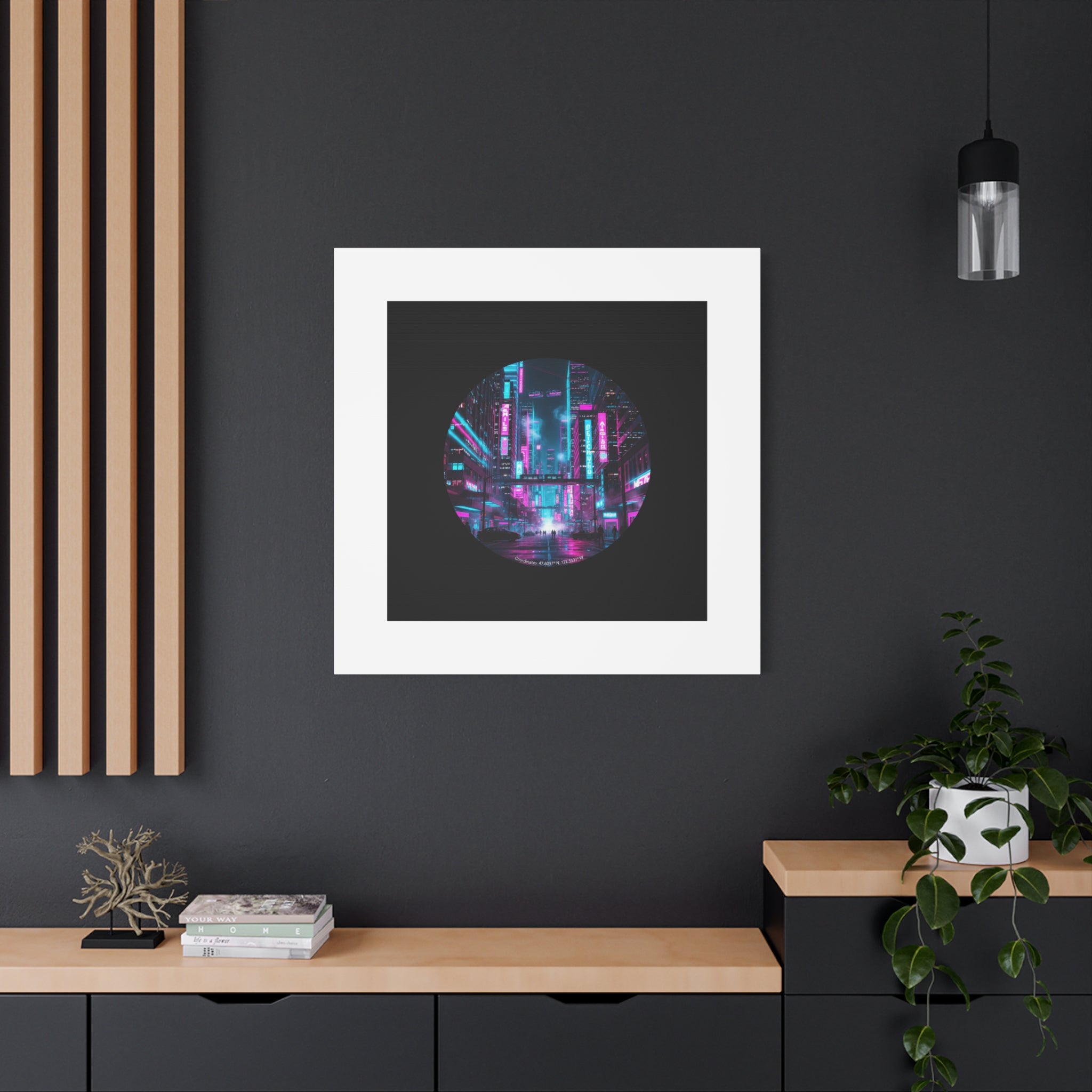 Neon Cyberpunk Cityscape Canvas | synthwave skyline, future city art