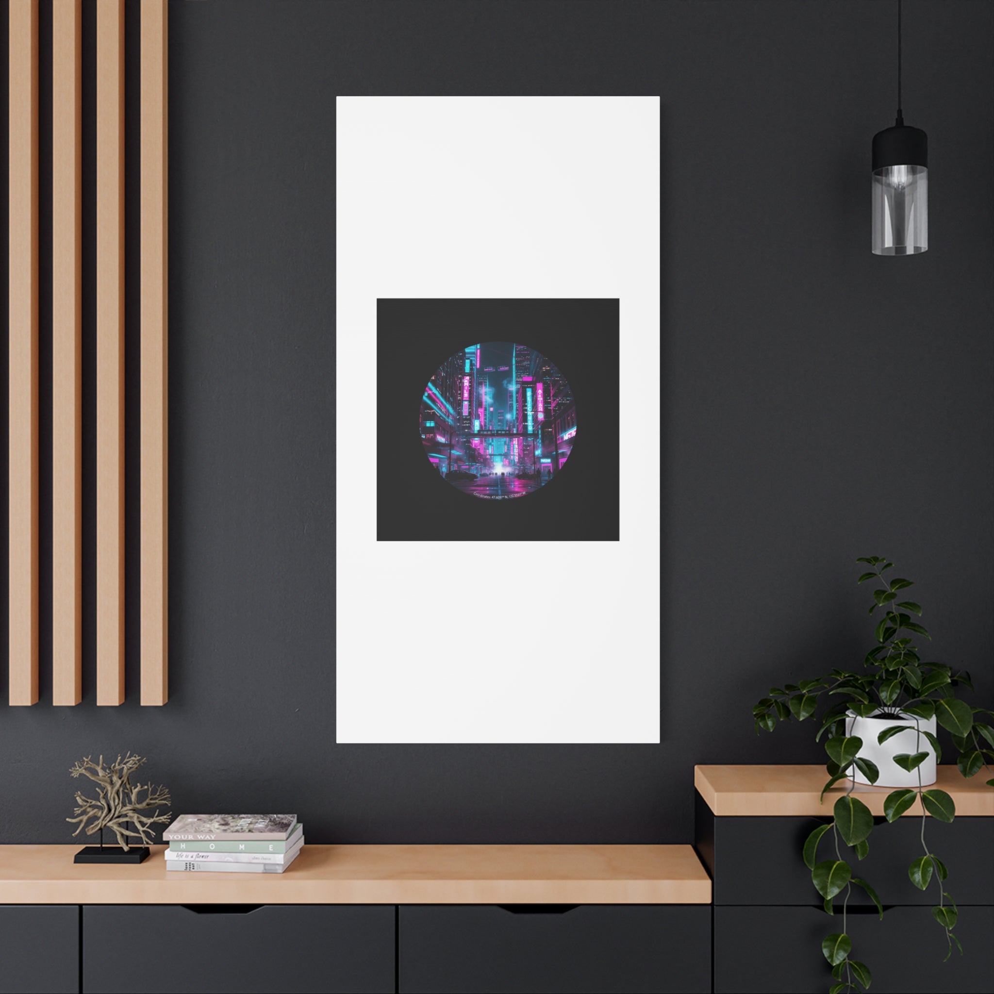 Neon Cyberpunk Cityscape Canvas | synthwave skyline, future city art