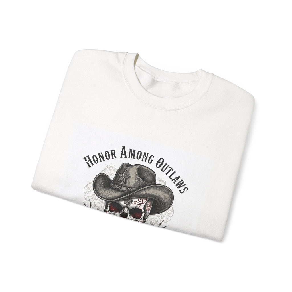 Honor Among Outlaws Crewneck, western skull art | gothic Americana, desert noir design