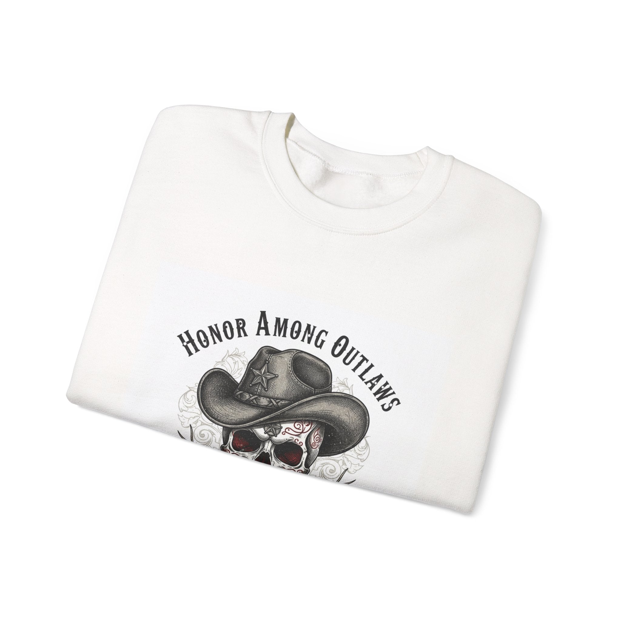 Honor Among Outlaws Crewneck, western skull art | gothic Americana, desert noir design