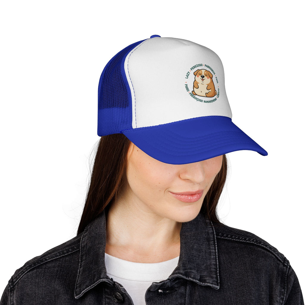 Funny Dog Meme Trucker Cap — "Fat Lazy" Multilingual Design (8 Languages)
