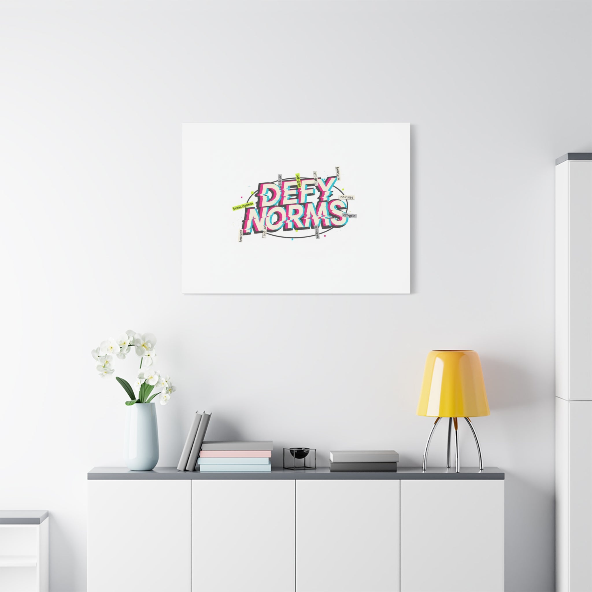 Defy Norms Canvas, Anti-Aesthetic Glitch Typography, Brutalist Poster Style