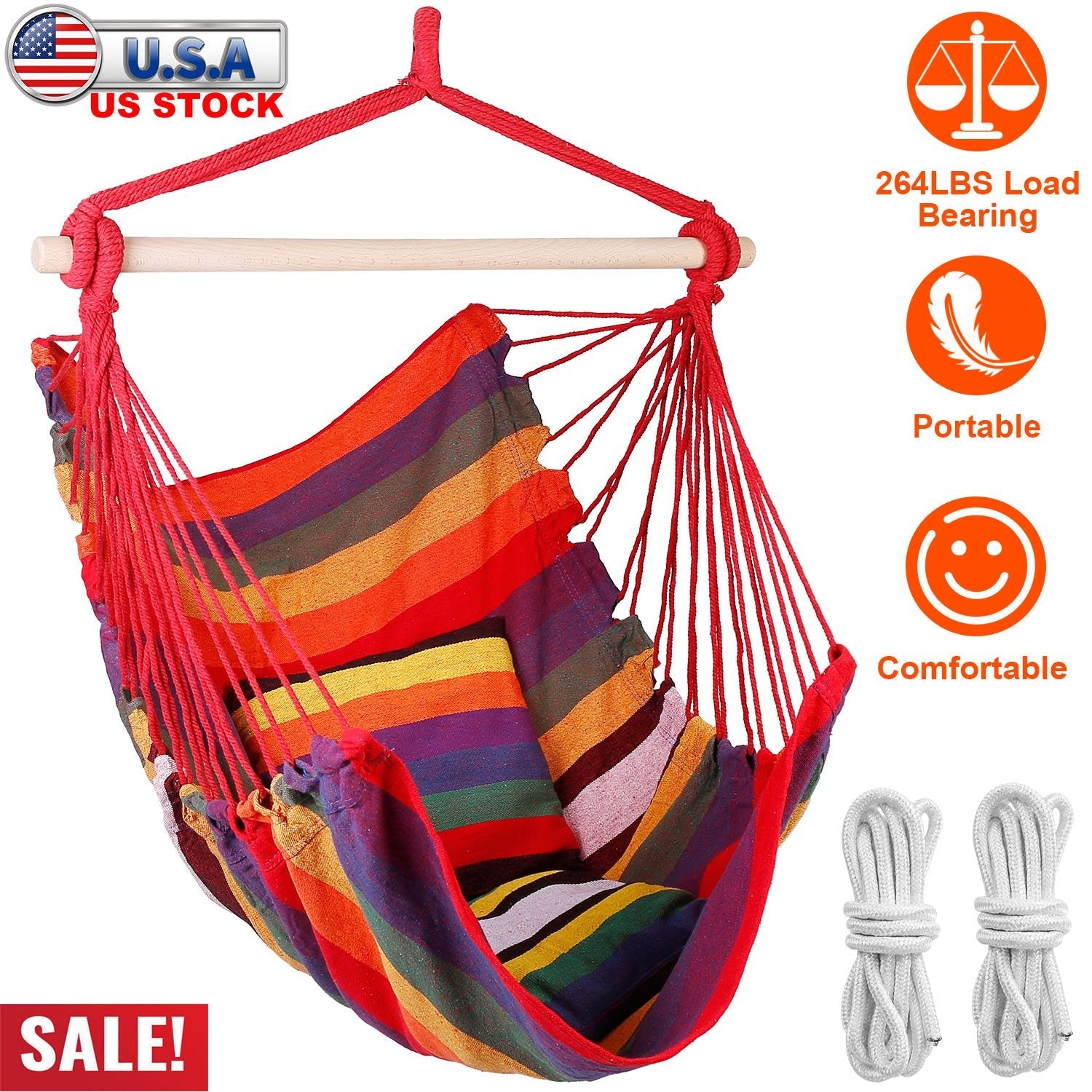 Hammock Hanging Chair Canvas Porch Patio Swing Seat Portable Camping Rope Seat Wooden Stick Hammock Chair with 2 Pillows 265LBS Load-bearing