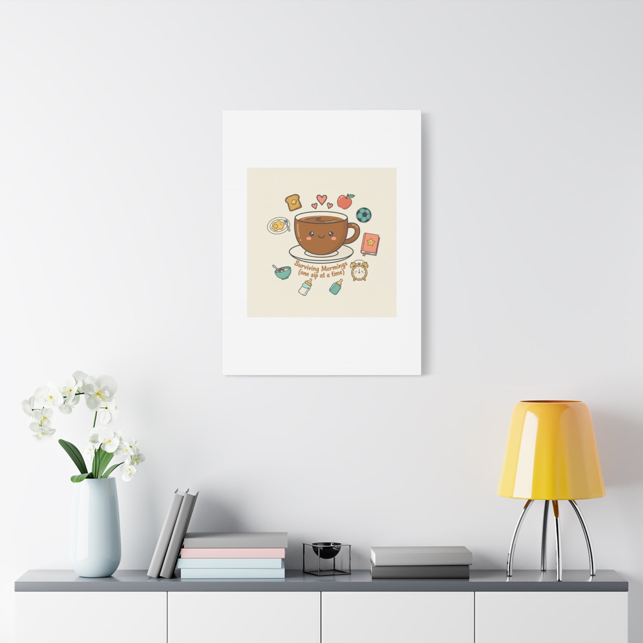 Surviving Mornings (One Sip at a Time) Canvas | Parenting Morning Humor, Coffee & Kids
