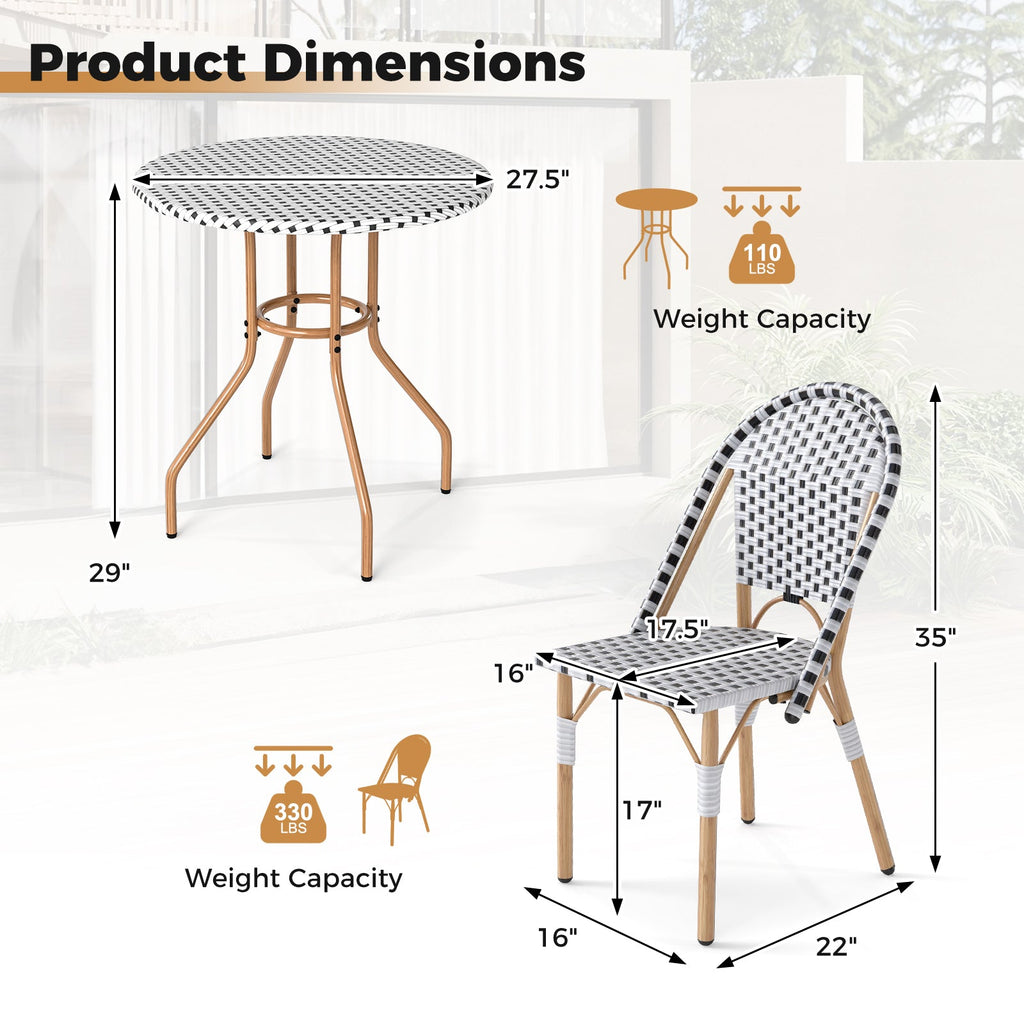 3 Piece French Bistro Table Chair Set with Outdoor Wicker Round Table and 2 Dining Chairs