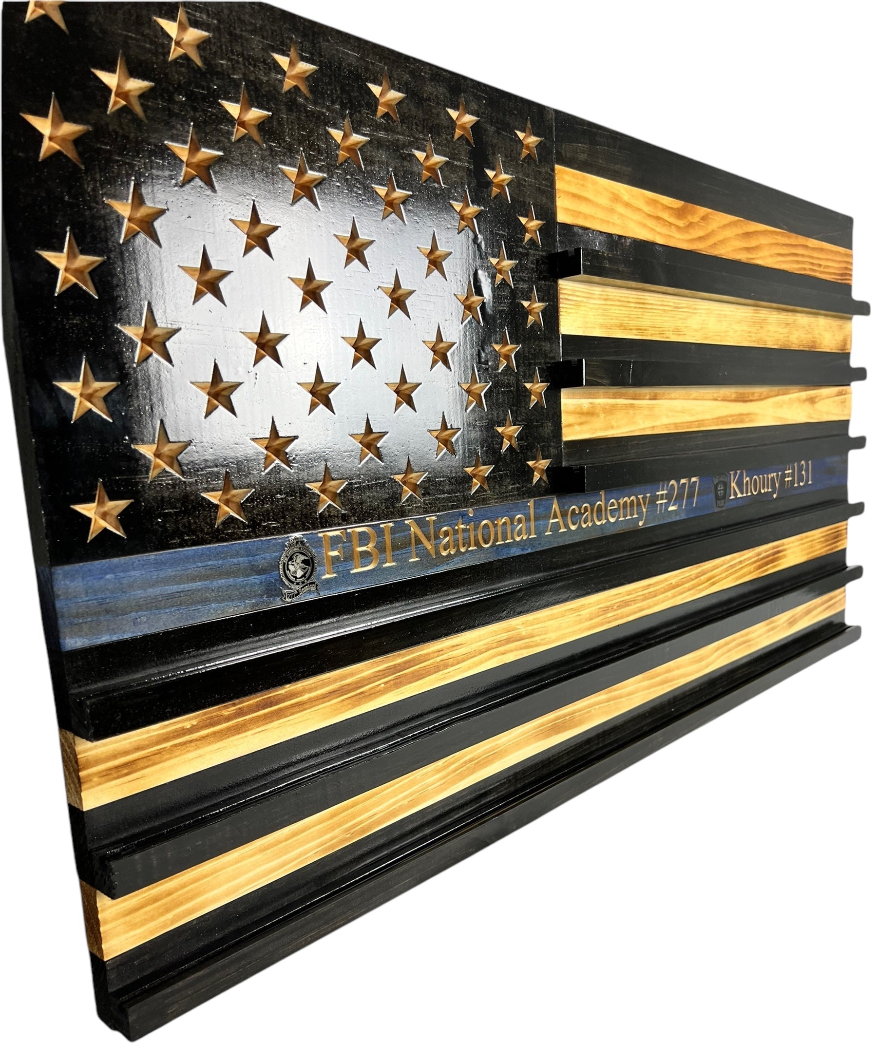 Custom Wooden Challenge Coin Display Flag with Engraved Badge
