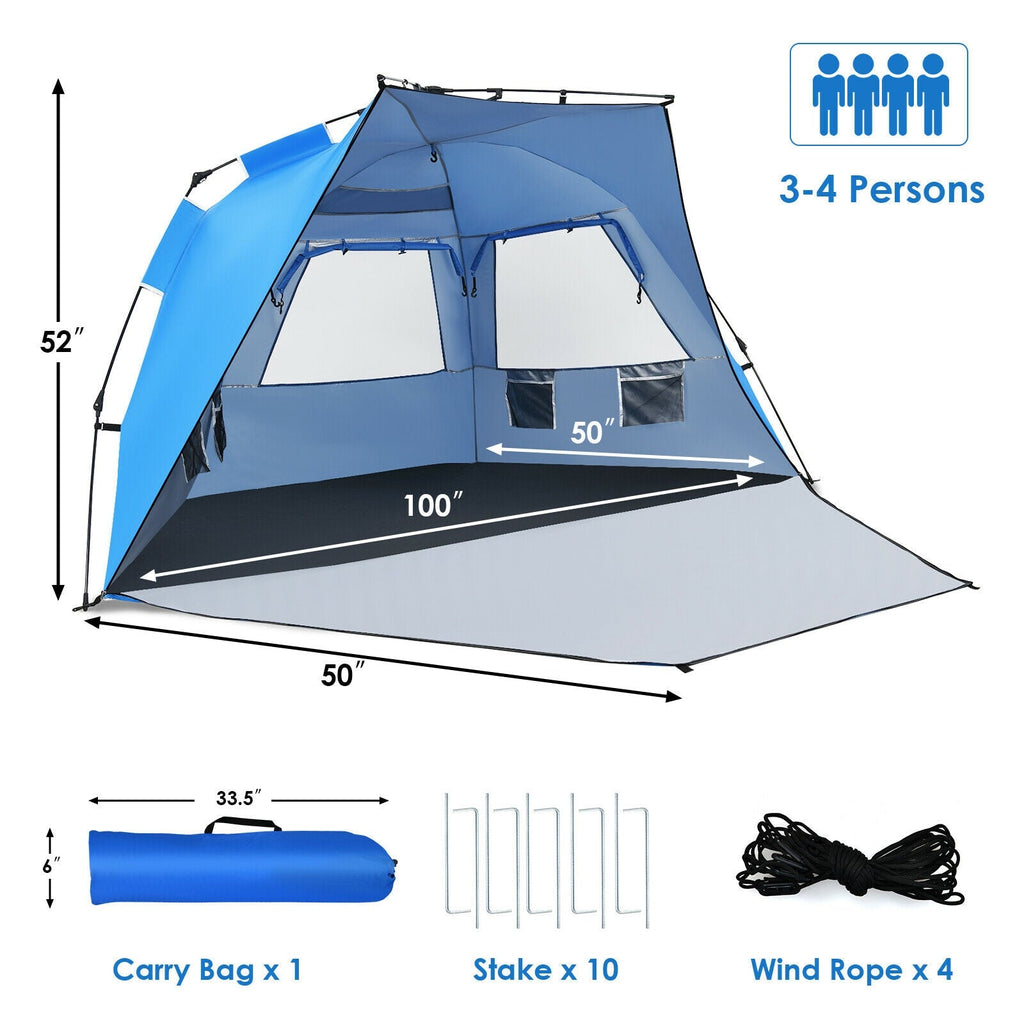 3-4 Person Easy Pop Up Beach Tent UPF 50+ Portable Sun Shelter
