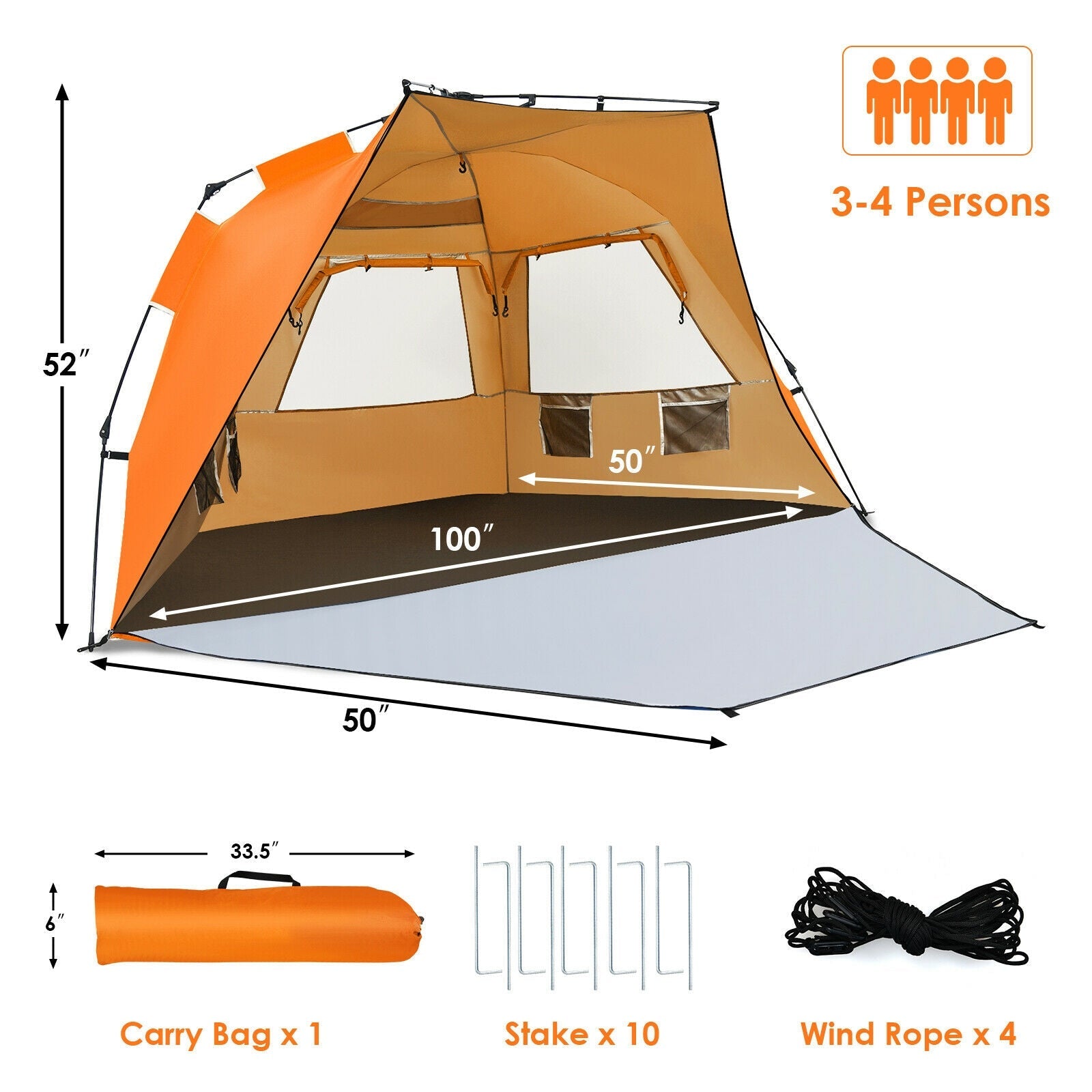 3-4 Person Easy Pop Up Beach Tent UPF 50+ Portable Sun Shelter