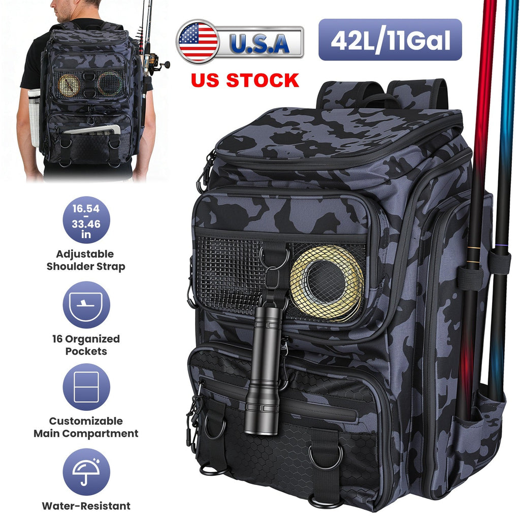 42L/11Gal Fishing Backpack Large Capacity Fishing Tackle Storage Bag with Rod Holders 16-Pocket Water-Resistant with Divider Adjustable Padded Straps