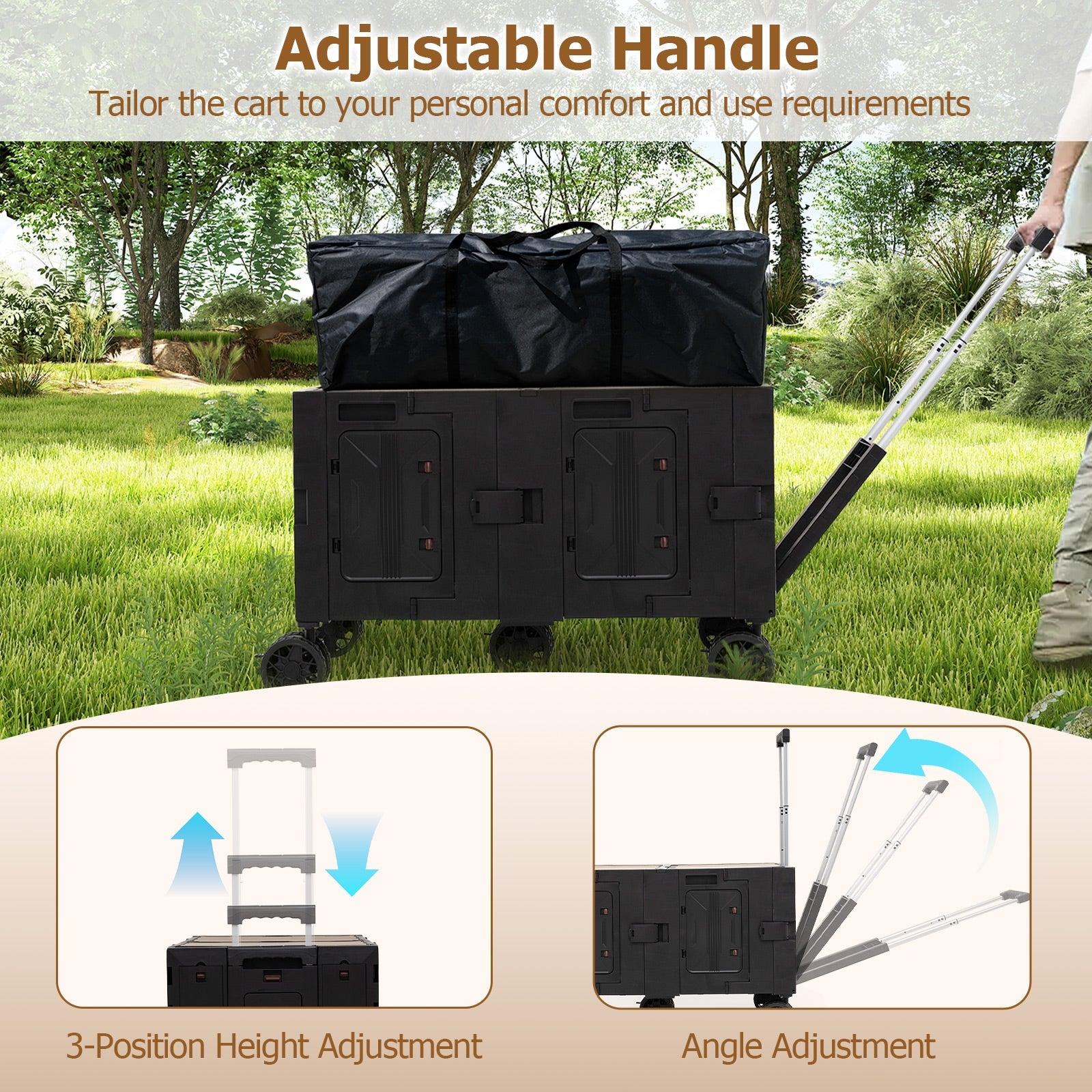 Large Foldable Utility Cart with 2-Tier Storage Crates and Telescoping Handle
