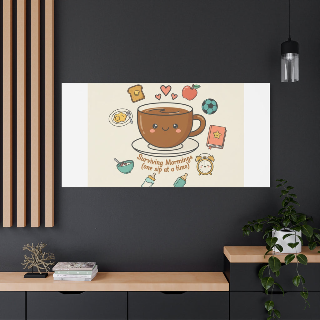 Surviving Mornings (One Sip at a Time) Canvas | Parenting Morning Humor, Coffee & Kids