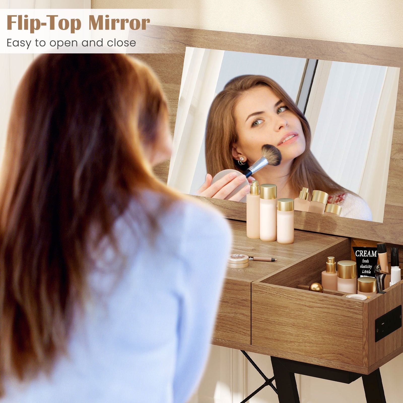 Vanity Desk with Flip Top Mirror Makeup Dressing Table-Rustic Brown
