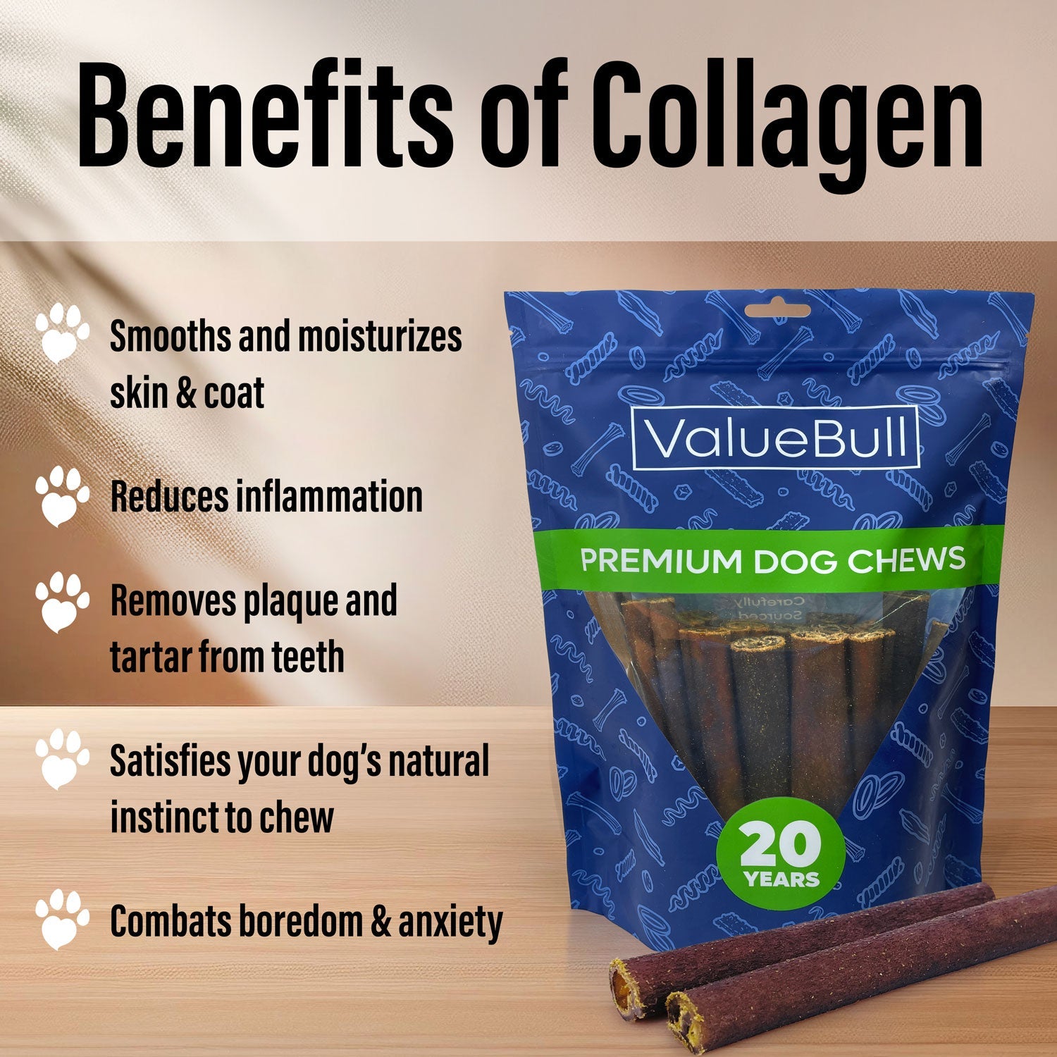 ValueBull Collagen Sticks for Dogs, 6 Inch Medium Chews, Natural Long-Lasting Dog Treats, 25 Count