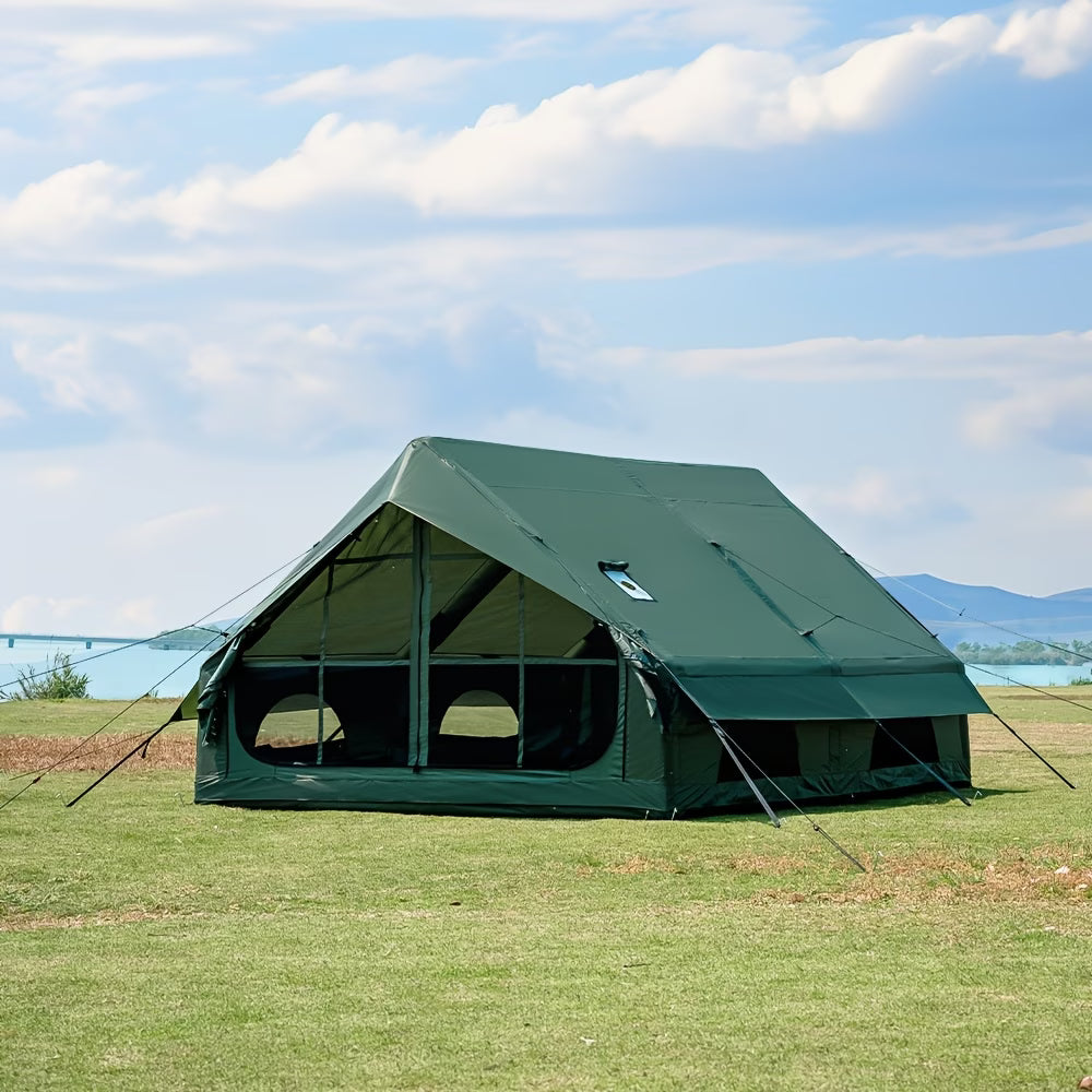 12Sq Inflatable Camping Tent with Hand Pump Easy Setup Outdoor Blow Up Tent 6-8 Person Oxford 4 Season Glamping Air Tents Cabin House with Mesh Windows & Door