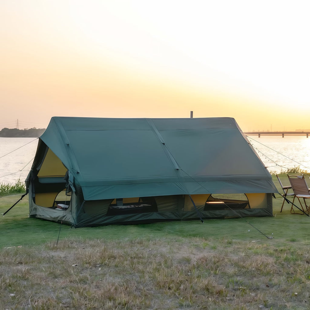 12Sq Inflatable Camping Tent with Hand Pump Easy Setup Outdoor Blow Up Tent 6-8 Person Oxford 4 Season Glamping Air Tents Cabin House with Mesh Windows & Door