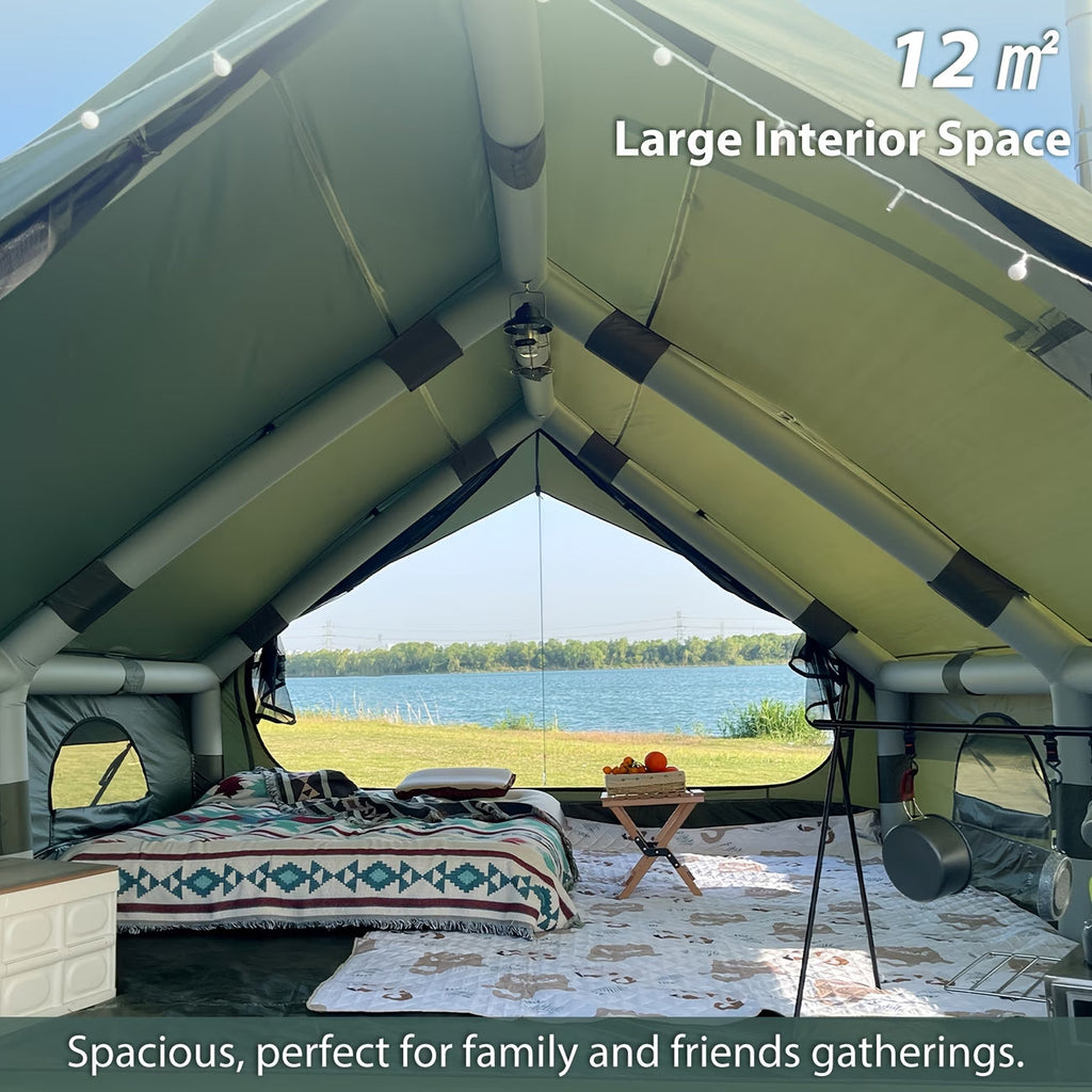 12Sq Inflatable Camping Tent with Hand Pump Easy Setup Outdoor Blow Up Tent 6-8 Person Oxford 4 Season Glamping Air Tents Cabin House with Mesh Windows & Door