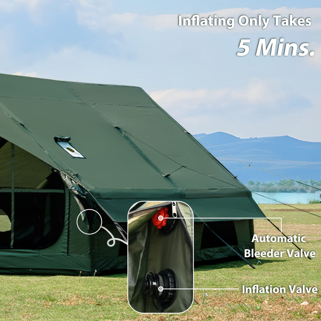 12Sq Inflatable Camping Tent with Hand Pump Easy Setup Outdoor Blow Up Tent 6-8 Person Oxford 4 Season Glamping Air Tents Cabin House with Mesh Windows & Door