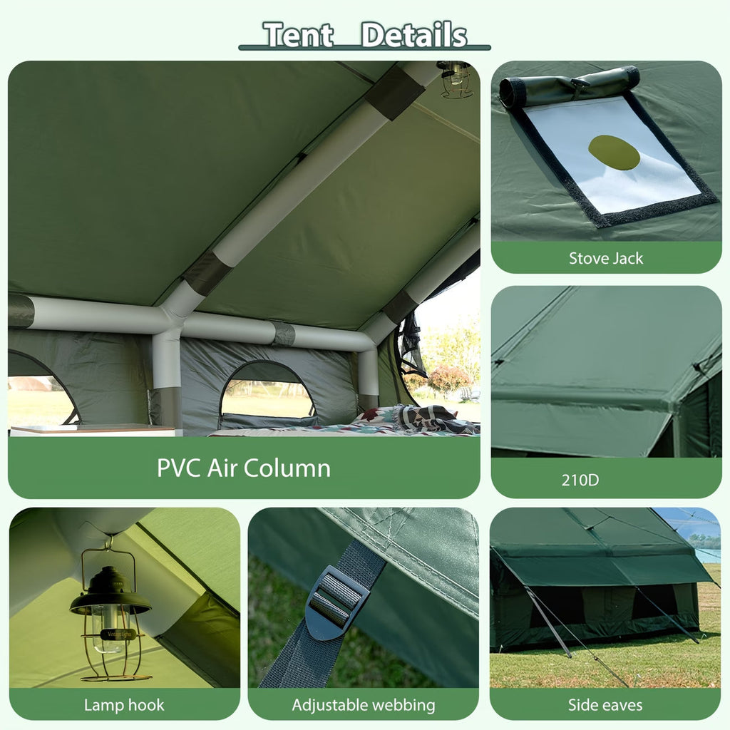 12Sq Inflatable Camping Tent with Hand Pump Easy Setup Outdoor Blow Up Tent 6-8 Person Oxford 4 Season Glamping Air Tents Cabin House with Mesh Windows & Door